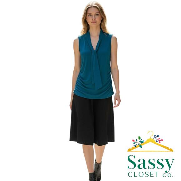 WHBM Teal Tie Front Sleeveless Blouse Ruched Side Polished Stretch Knit Sz M NEW - Picture 1 of 8